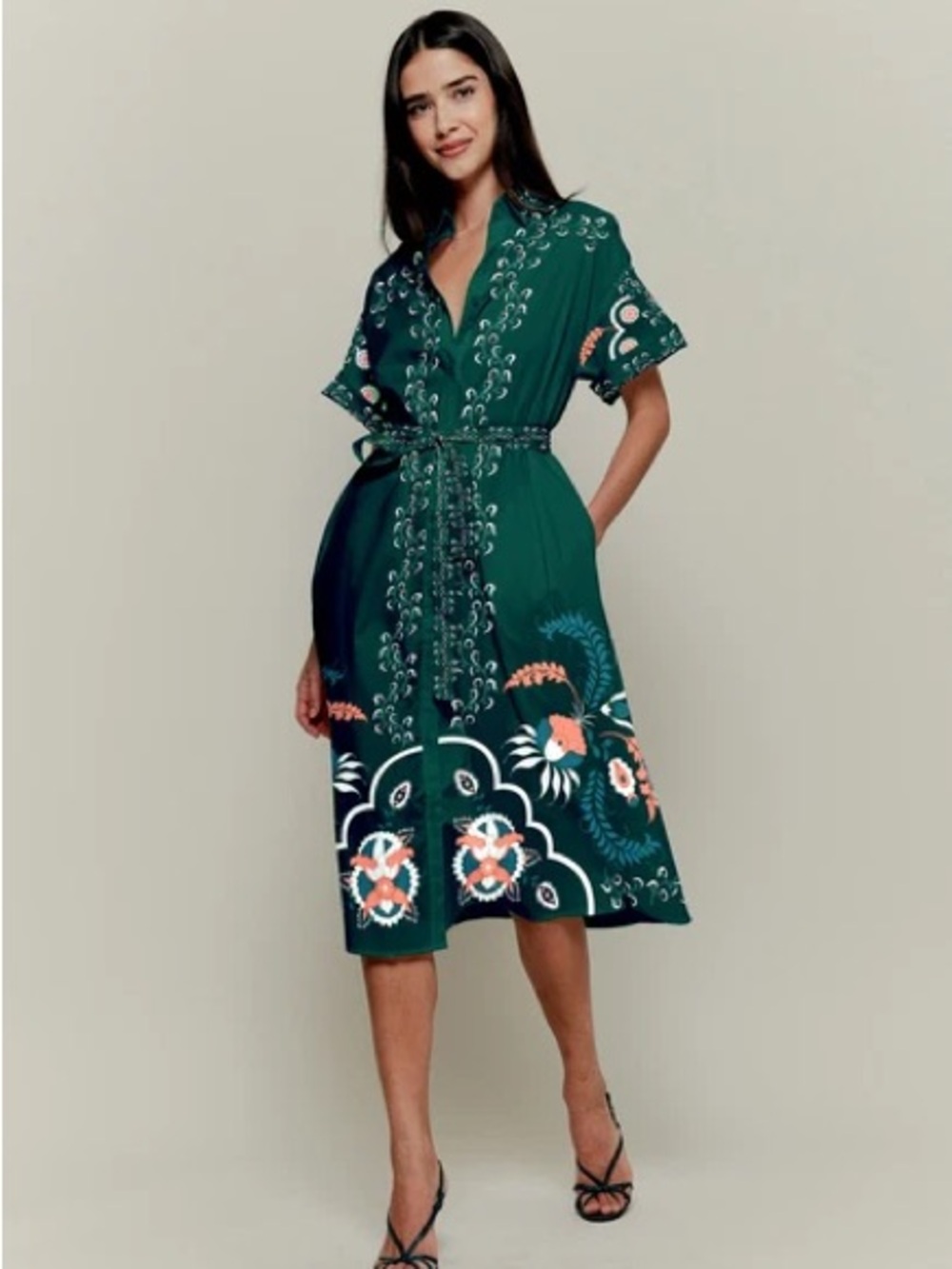 Tucker Emerald Green Floral-Print Midi Shirt Dress